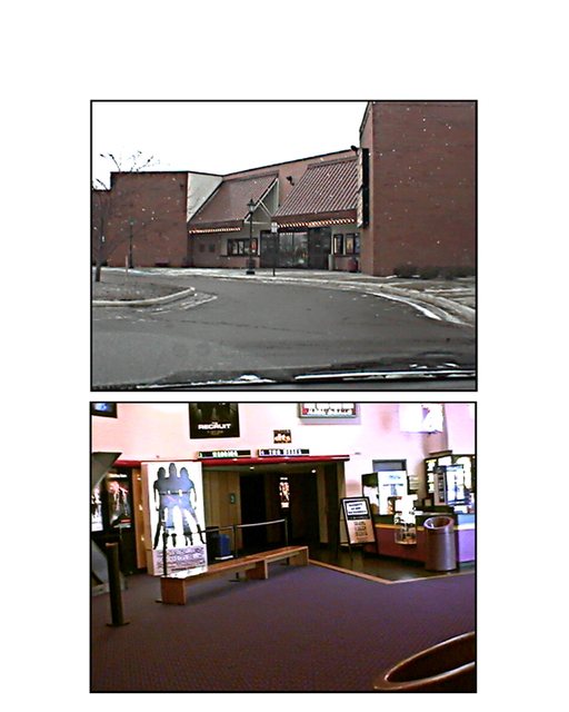 Two old snapshots of the closed cinema: the brick building from the parking lot above, and the lobby with auditorium doors and film standees below