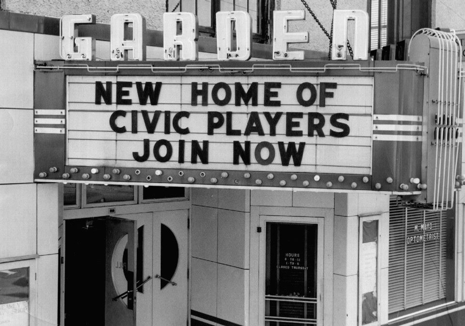 Black-and-white archive photo of the Garden theatre marquee reading "New home of Civic Players – join now"