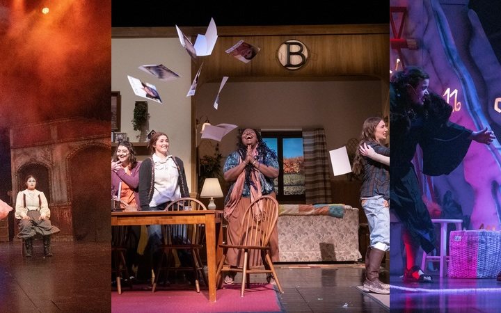 A wide strip of five production photos: cheerleaders with pom-poms, a smoky stage, a kitchen scene, a sword fighter and silhouettes against a starry backdrop