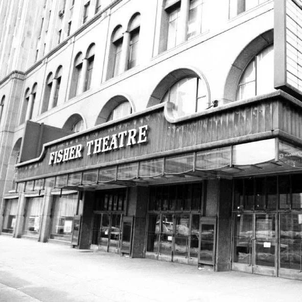 The Fisher Theatre entrance and marquee in black and white