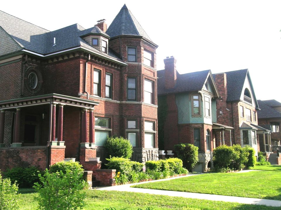 A row of Victorian-style houses in a Detroit historic district