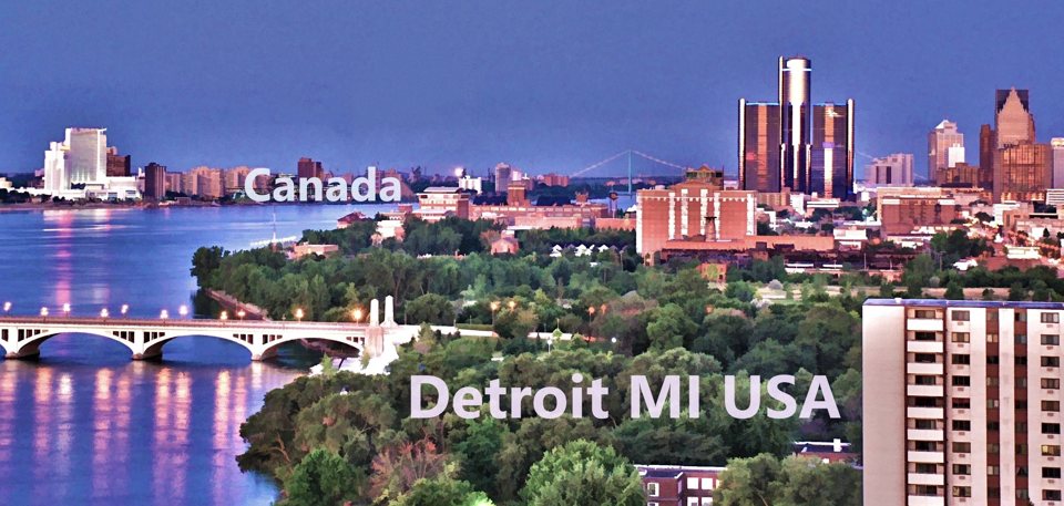 An aerial view of the Detroit River and the downtown skyline